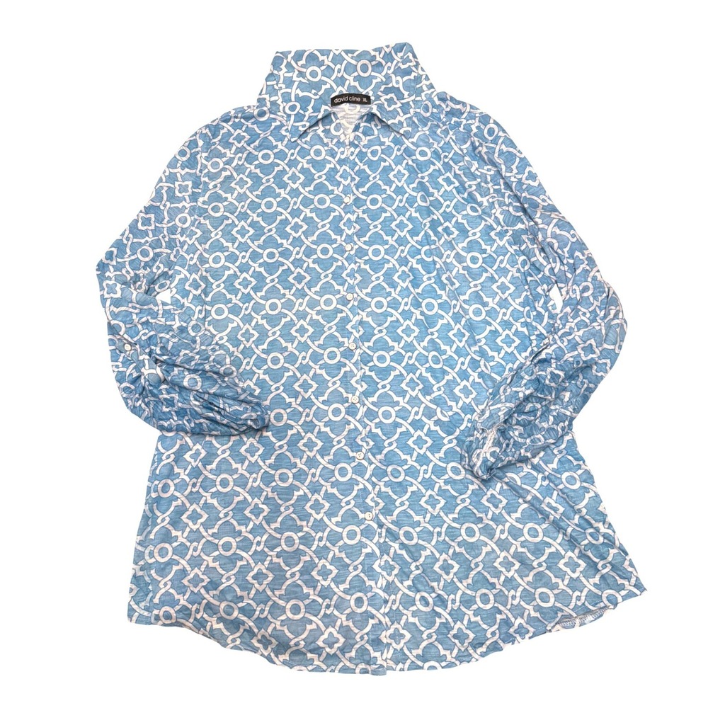 David Cline Blue White Geometric Lattice Button Down Shirt XL Style 3100